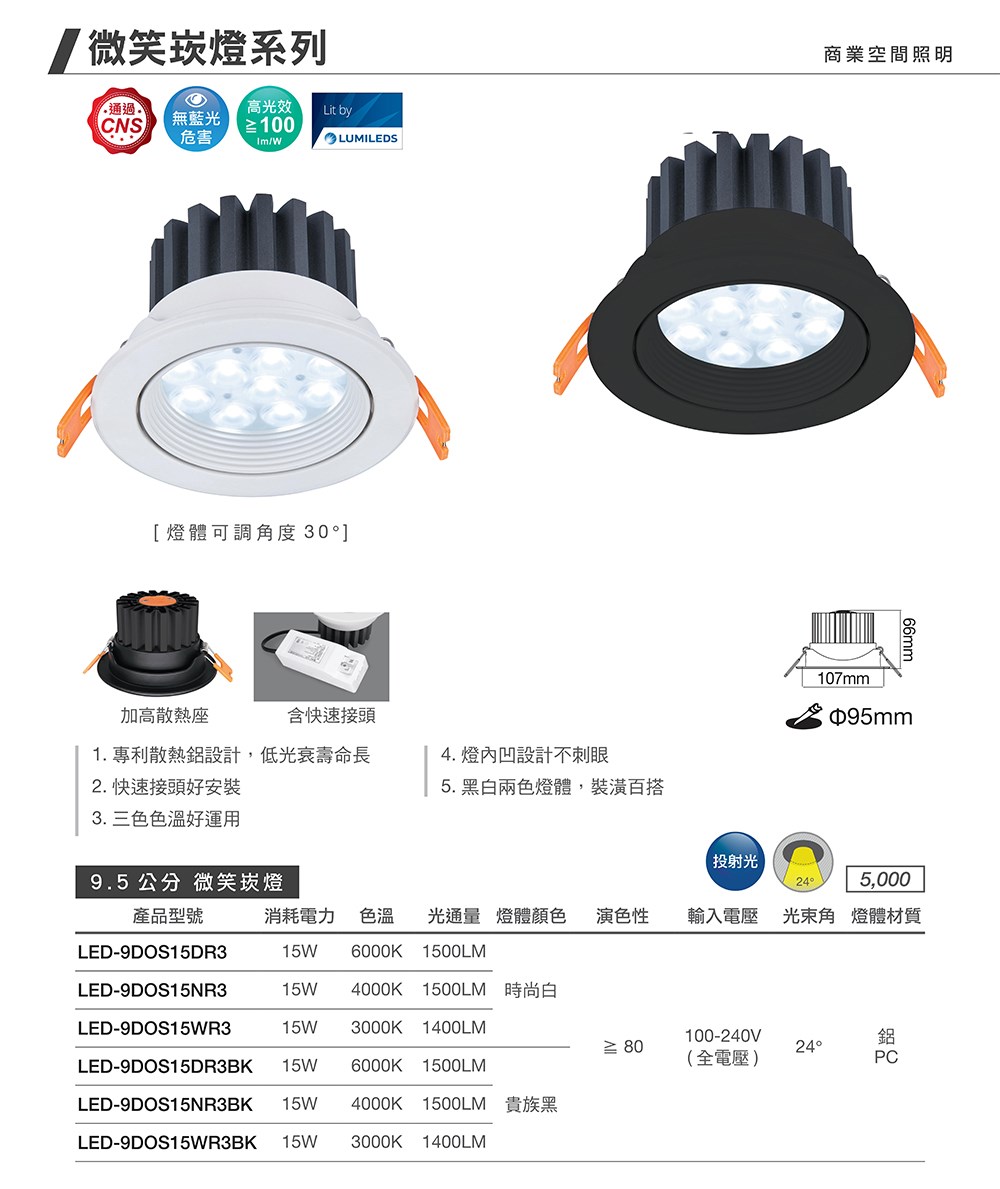 LED-9DOS8DR3 9.5cm 15W微笑崁燈-時尚白